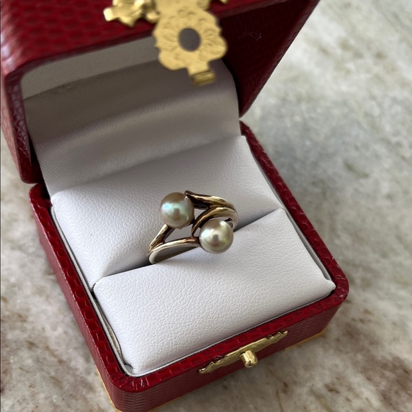 10 kt gold and double pearl ring - Picture 3 of 6